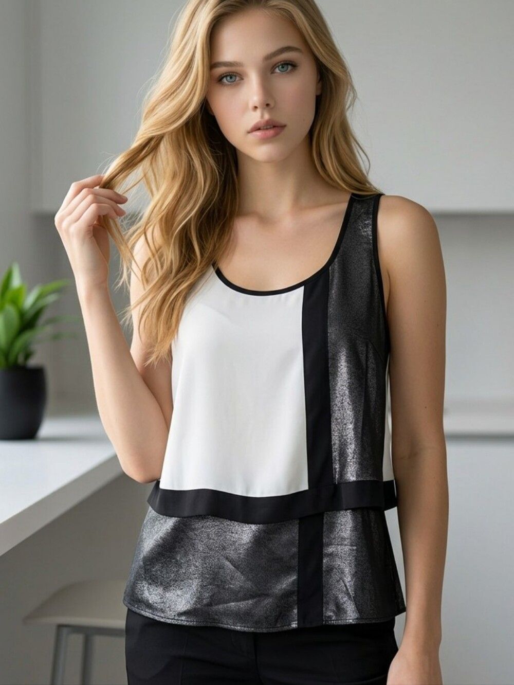 Express Black Cream Silver Color Block Blouse XS Shimmer Open Back Office Glam